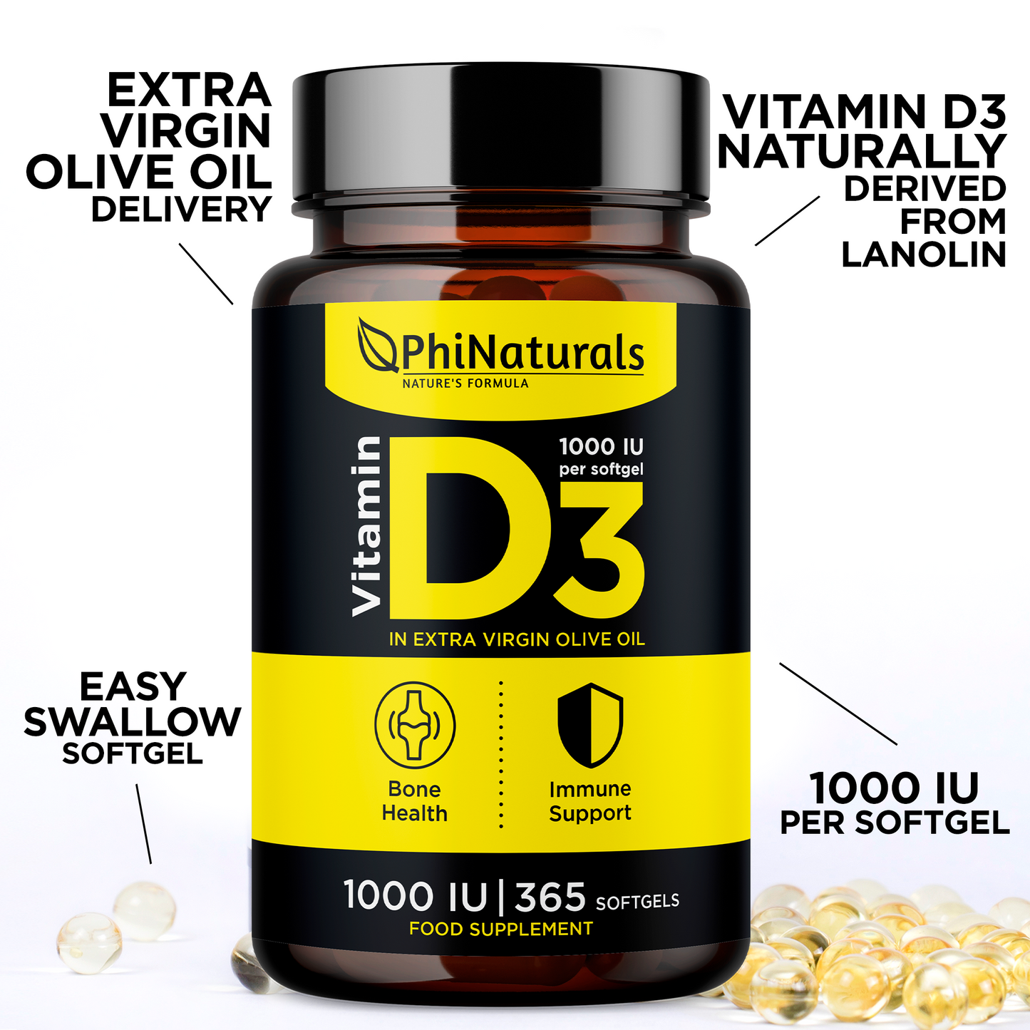 Vitamin D3 1000 IU (365 Softgels) From Lanolin